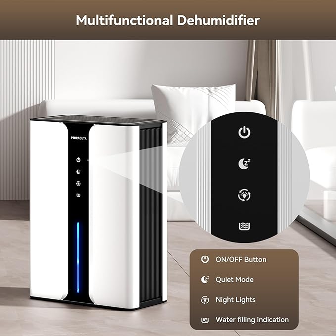 PTHRAOUTA Home Dehumidifier with Drain Hose, (950 sq.ft) 95oz Quiet dehumidifier for Bedroom Bathroom, with Air Reusable Filter Indoor deshumidificador for Basement RV Closet