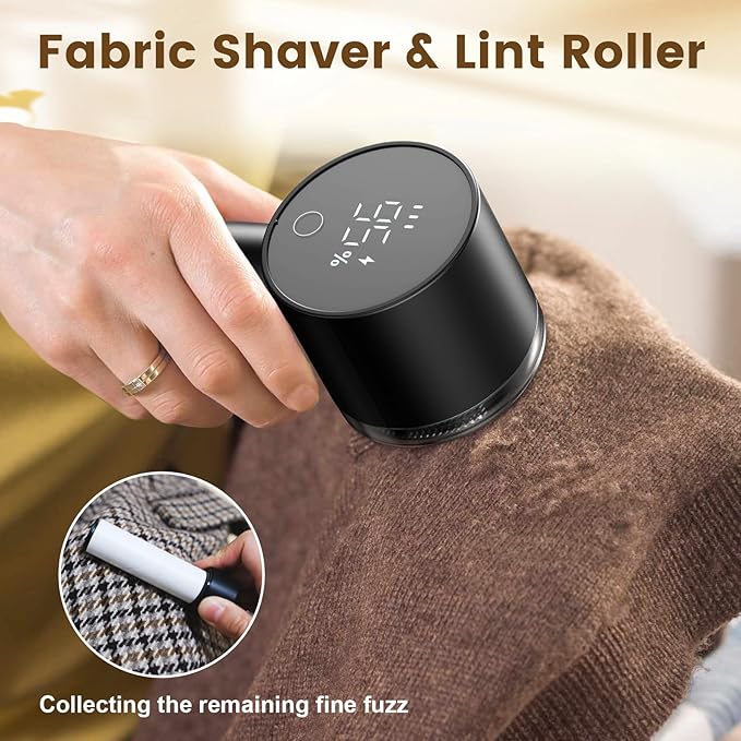 Lentorgi Fabric Shaver Electric Fuzz Remover, 2 in 1 Rechargeable Sweater Shaver with Lint Roller, Magnetic Cap, Digital Display, 2 Extra Blades, Defuzzer for Clothing Furniture Couch - Black