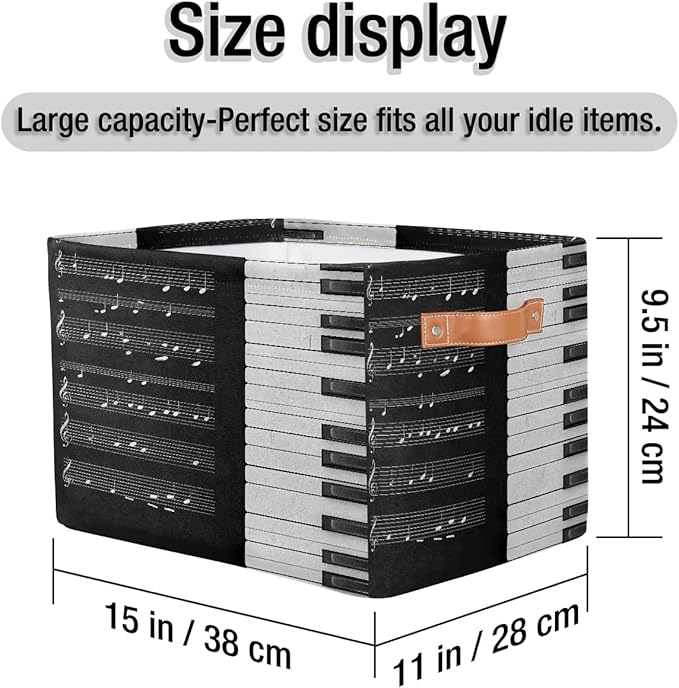 Music Notes Storage Basket for Shelves, Storage Bins with Handles, Collapsible Basket for Organizing, Closet Toy Baskets for Nursery Room, 15x11x9.5 in, Canvas, Music Pinao