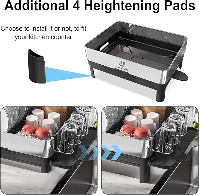 NAVASURE Dish Drying Rack | Stainless Steel Dish Rack for Kitchen Counter, Space Saving | Dish Drainer with Drainage & Utensil Holder | Escurridor de Platos para Fregadero (Black)