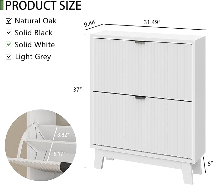 Shoe Cabinet with 2 Flip Drawers, 37" Tall Narrow Fluted Shoe Storage Organizer for Entryway, Hidden Slim Wooden Shoe Rack Cabinet for Front Door Entrance, Hallway, Living Room, Solid White
