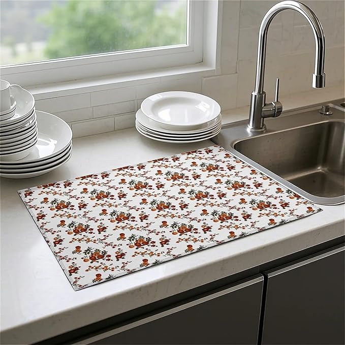 Dish Drying Mat For Kitchen Counter, Retro Brown Flowers Floral Microfiber Absorbent Dish Drainer Rack Pad Reusable Large 18x24in Drying Mat
