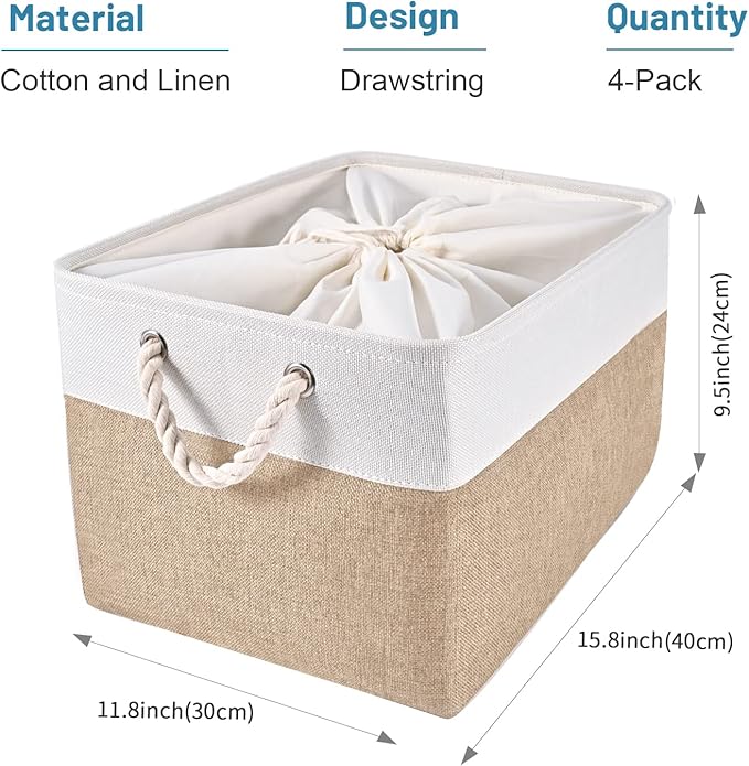 HOdo Home Storage Bins, Fabric Bin with Drawstring Closure and 2 Bold Handles, Collapsible Large Canvas Baskets for Organizing Shelf Nursery Home Closet (15.8×11.8×9.5 In/4-Pack, White and Yellow)