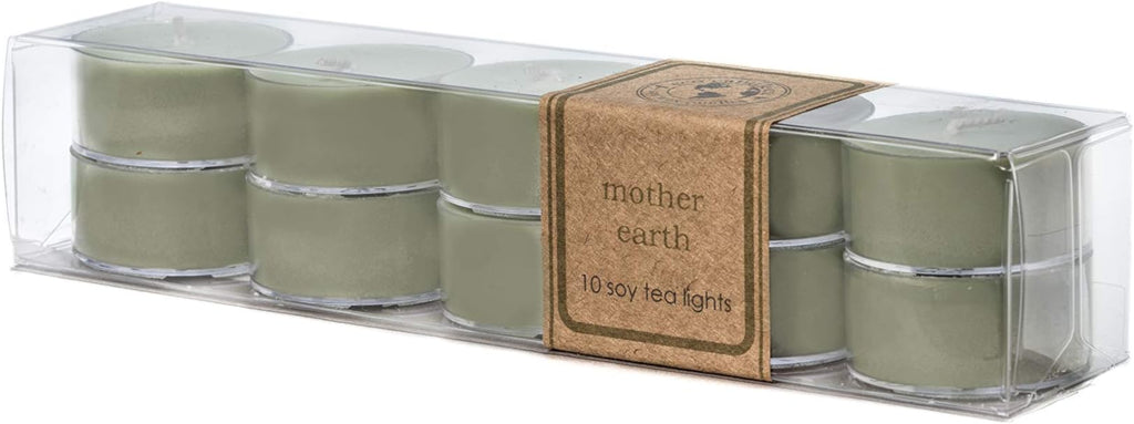 ECO CANDLE CO. Tea Light Candles, Mother Earth, 10-Pack - Scents of Grass, Hay, Cypress, Patchouli, Sandalwood, & Tonka Bean - Recyclable Plastic Cups, 100% Soy Wax, No Lead, Hand Made, .6 oz. Each