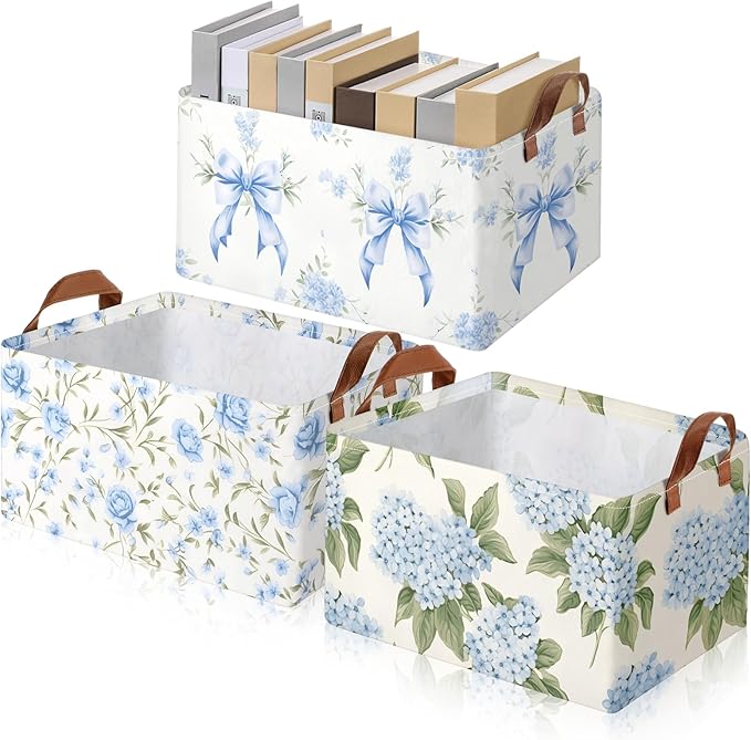 Boao 3 Pcs Blue Hydrangea Bow Storage Bin Flowers Collapsible Large Storage Baskets for Gifts Canvas Laundry Basket Foldable Box with Handle for Office Home Bedroom Clothes
