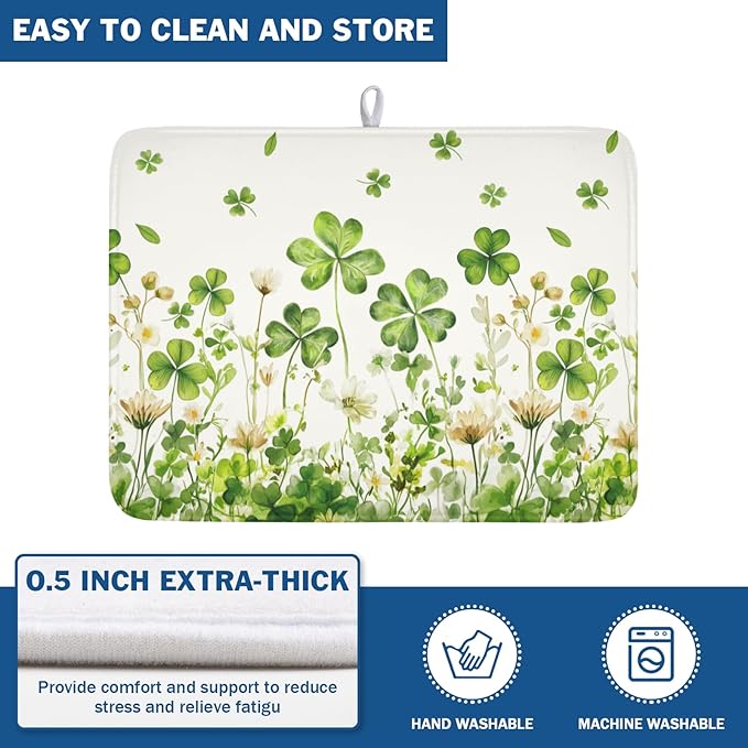 ABSOP St Patrick's Day Dish Drying Mat 18 x 24 Inch Green Clover Dish Drainer Rack Mat Absorbent Microfiber Mats for Shamrock Dish Pad Spring Lucky Dish Pad for Kitchen Bar Decor