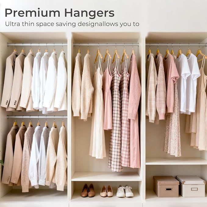 HOUSE DAY Premium Wooden Coat Hangers 100 Pack, Heavy Duty Solid Wood Clothes Hangers with 360° Swivel Hook & Pant Bar for Jackets, Dress, Shirts, Natural Wood Suit Hanger for Closet Organizer
