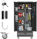 Broom Closet Storage Cabinet with Wheels and Drawer,Garage Storage Cabinet with Magnetic Doors,Pegboard and Adjustable Shelves for Garage Home,Required Assembly,Black