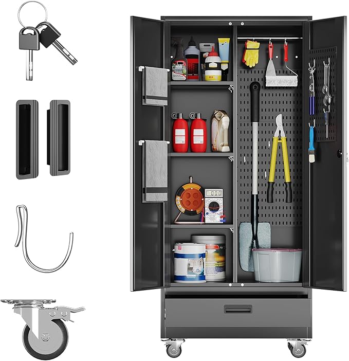 Broom Closet Storage Cabinet with Wheels and Drawer,Garage Storage Cabinet with Doors,Pegboard and Adjustable Shelves for Garage Home,Required Assembly,Black,15.75" D x 31.5" W x 70.83" H