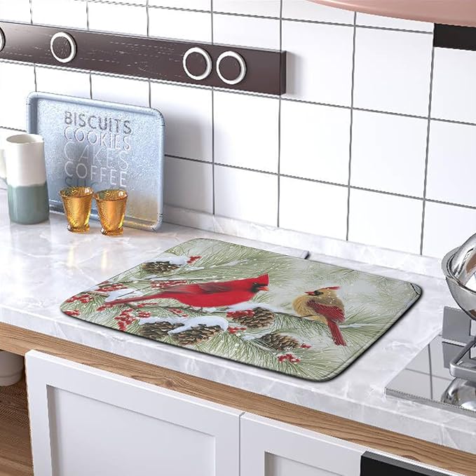 Kwlegh Winter Dish Drying Mat for Kitchen Counter 16x18 Inch Christmas Red Birds Drying Mats Xmas Holiday Microfiber Absorbent Dishes Drainer Mats Cardinal Dish Rack Pad
