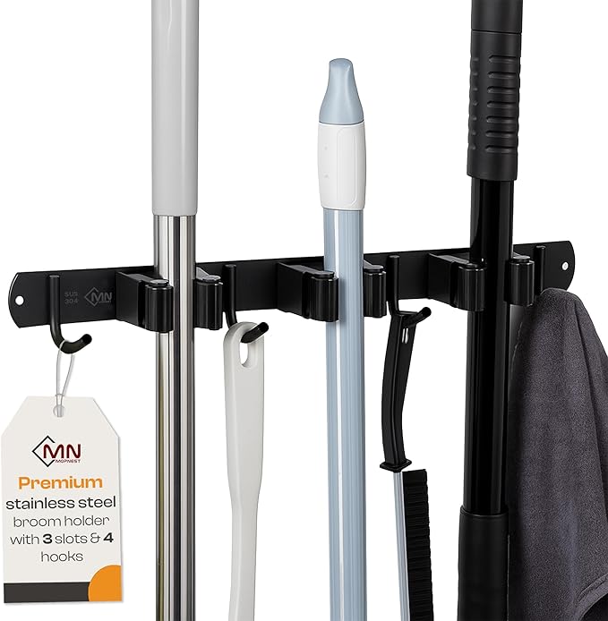 Heavy-Duty Stainless-Steel Broom Holder Wall Mount with 3 Racks and 4 Hooks | Waterproof Mop and Broom Hanger | Adjustable, Garage & Garden Tool Organizer | Black