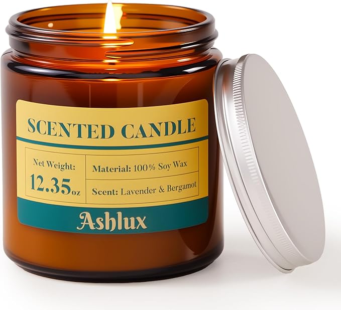 Lavender and Bergamot Candle,12.35oz Scented Candles with 8% Essential Oils,70 Hour Burn Time Soy Wax Candles for Home Decor,Reading,Jar Candle Gifts for Women and Men