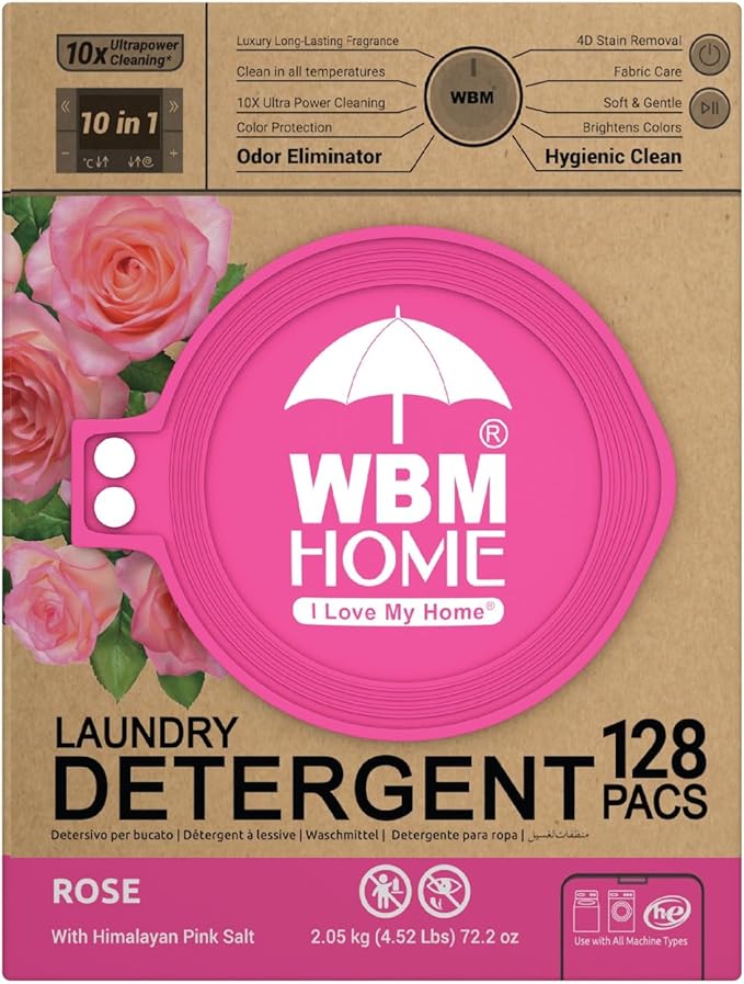 WBM 10-in-1 Laundry Pods, Total 128 Count, High Efficiency, Ultra Concentrate with Powerful Stain Lifter Technology, Fabric Softener With Rose Extracts, Detergent Pods