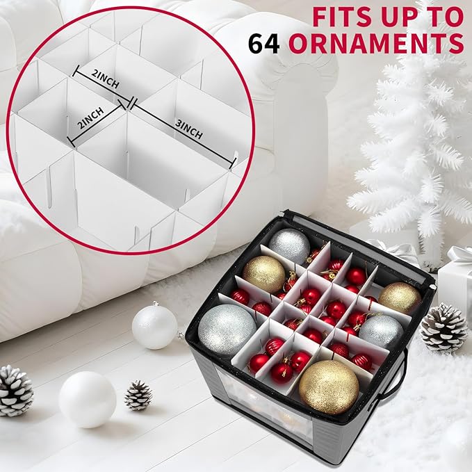 Christmas Ornament Storage Box With Adjustable Dividers,Ornament Storage Container with Two Handles for 64Holiday Decorations,Gray