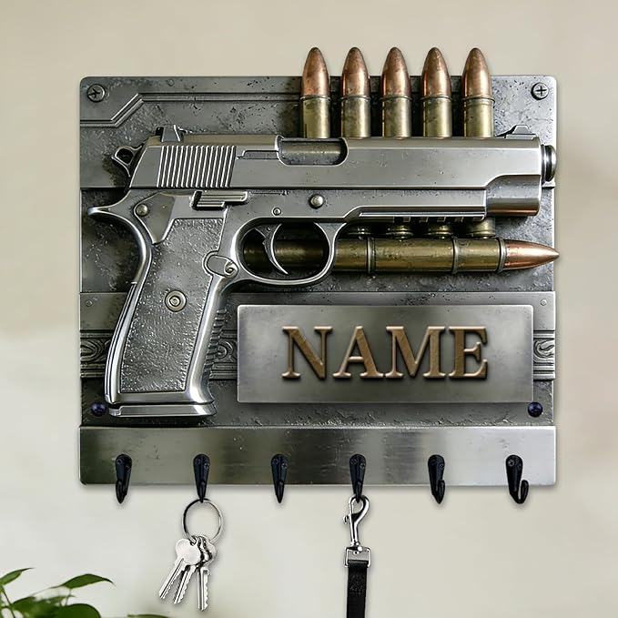 Custom Gun Bullet Themed Wall Hooks for Men Husband Grandpa Dad Personalized Name Pistol Bullet 2D Flat Print Gun Equipment Wall Mounted Key Rack Firearm-Themed Coat Holder for Bedroom Man Cave Carage