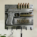 Custom Gun Bullet Themed Wall Hooks for Men Husband Grandpa Dad Personalized Name Pistol Bullet 2D Flat Print Gun Equipment Wall Mounted Key Rack Firearm-Themed Coat Holder for Bedroom Man Cave Carage