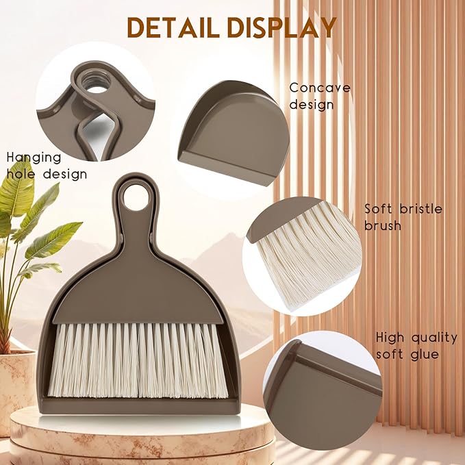 THINKLEARN 2PCS Small Broom and Dustpan Set, Mini Dust Pan and Brush, Hand Whisk for Pets, Kids, Desk, Home, Camping, Brown Cleaning Supplies