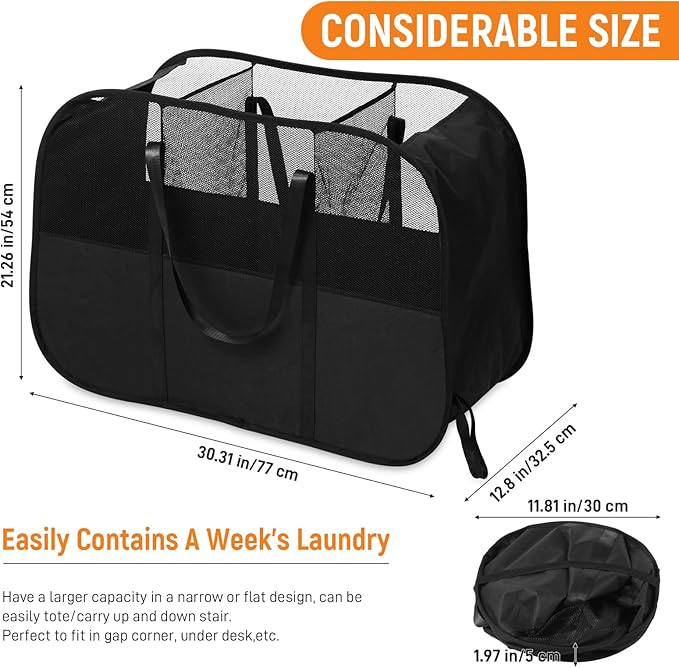 Collapsible Laundry Baskets with 3 Compartment, 150L Tear-proof Pop Up Hamper, Foldable Laundry Basket with Tote Handles, Dirty Clothes Hamper for Laundry, Bedroom, Bathroom, Dorm Black