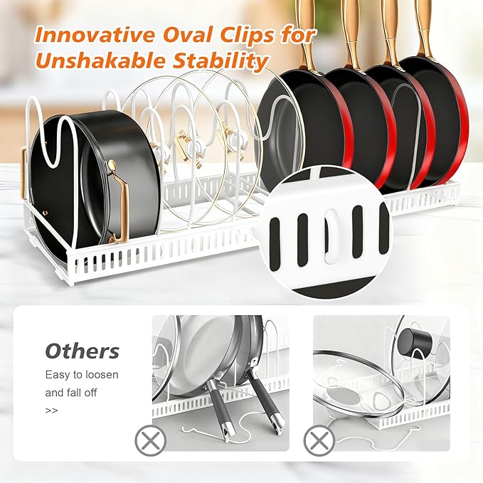HuuDraLono Expandable Pots and Pans Organizer Rack for Under-Cabinet Storage - Adjustable Kitchen Cabinet Organizer with 13 Dividers, Cutting Board Holder & 6 Non-Slip Silicone Pads-White