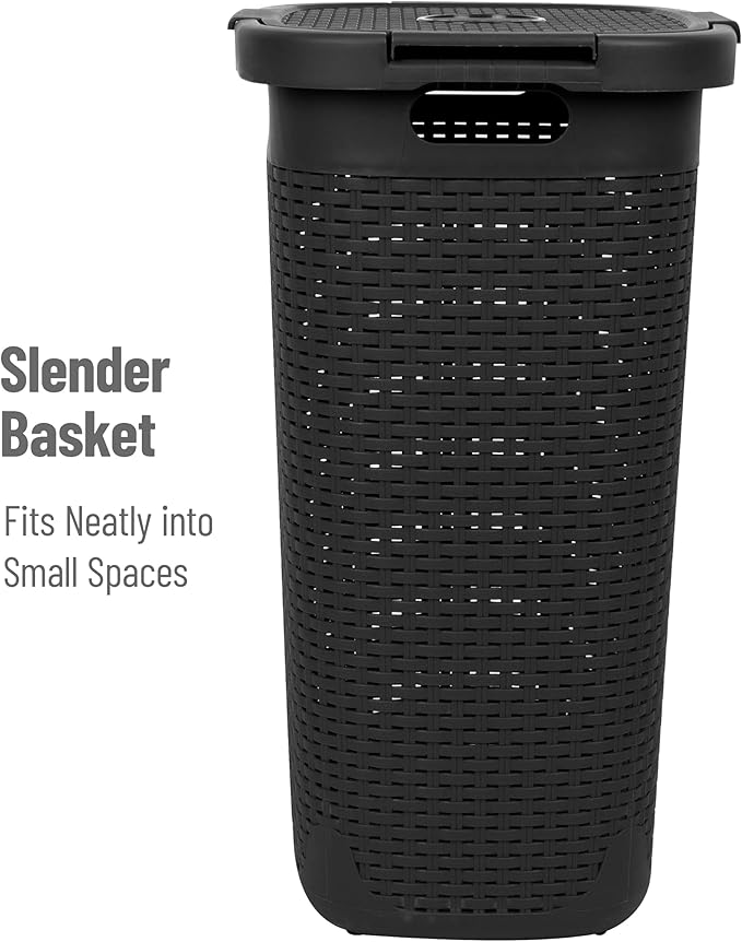 Mind Reader Slim Laundry Hamper with Lid, 60L Clothes Baskets, Premium Wicker Design, Plastic, 2-Pack, Black