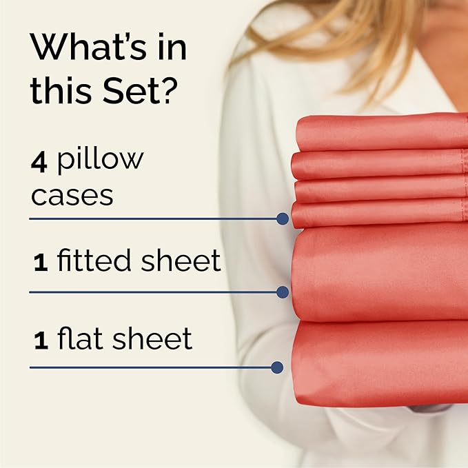 Queen 6 Piece Sheet Set - Comfy Breathable & Cooling - Ultra Soft Hotel Luxury Bedding Set w/ 8-16 Inch Deep Pockets - 1 Flat & 1 Fitted Sheet & 4 Pillowcases - Cozy, Wrinkle Free & Easy Care - Coral