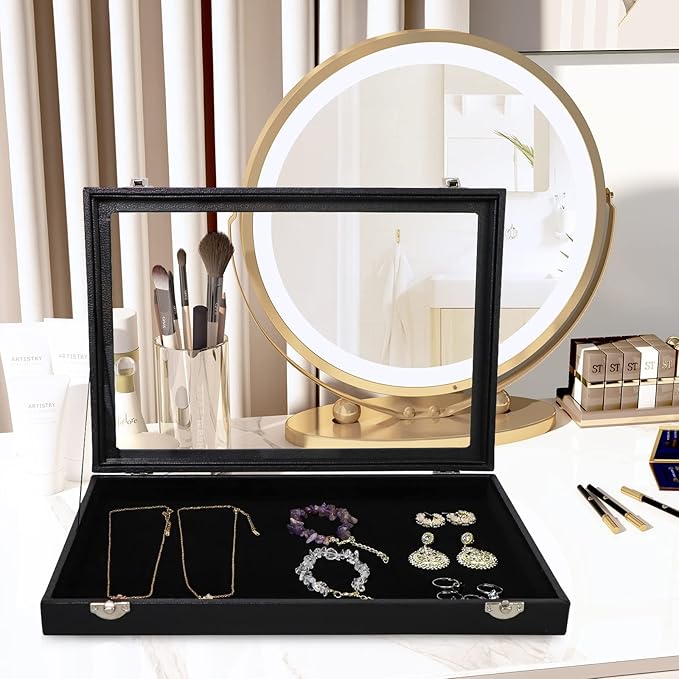 Wudygirl Jewelry Organizer Velvet Jewelry Tray Showcase Display Case Storage Necklace Bracelet Ring Earring Organizer Box Stackable Clear Lid Lock(Multi Jewelry Box)