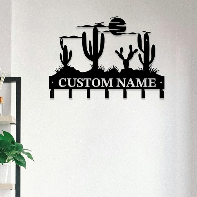 Personalized Custom Name Cactus Wall Keys Hooks,Metal Cactus Art Clothes Hooks,Metal Cactus Lover Wall Home Storage Decorative,For Front Door, Hallway, Kitchen, Bedroom,Keys,Hats (Style C)