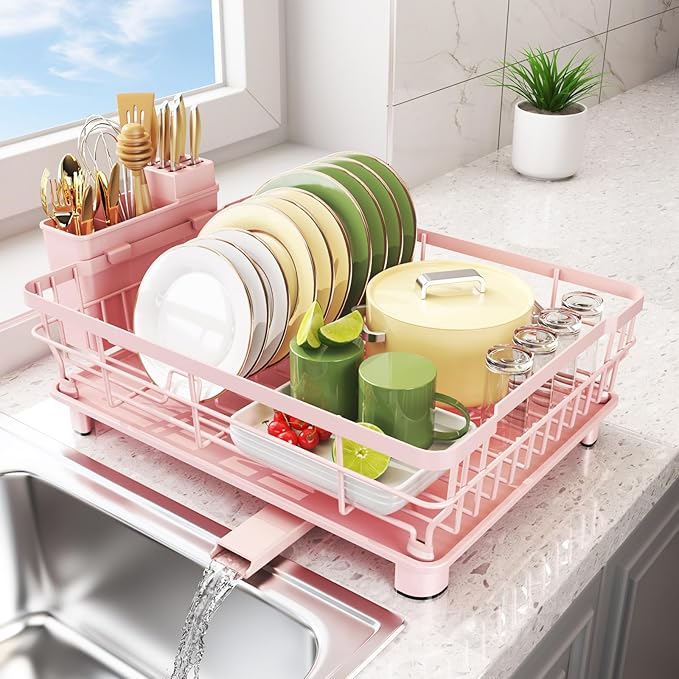 Ricobes Dish Drying Rack - Space Saving Dish Rack - Dish Racks for Kitchen Counter with Drainboard,Rustproof Dish Drainer with Removable Utensil Holder,Pink