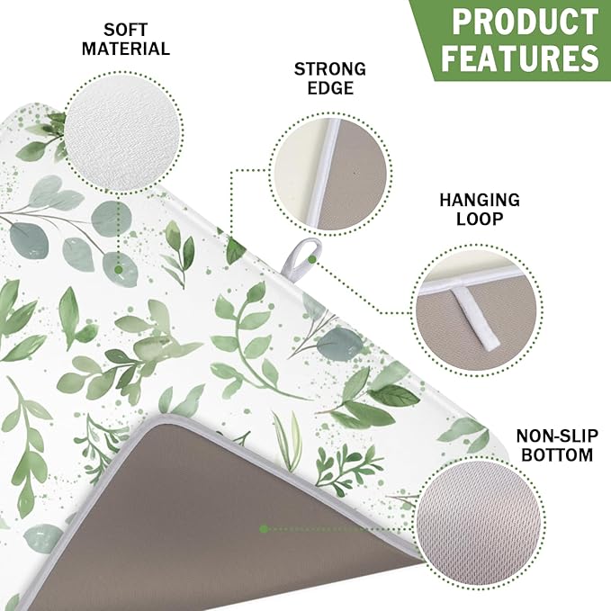 ABSOP Spring Summer Sage Green Leaves Dish Drying Mat 18 x 24 Inch Spring Eucalyptus Leaf Dish Drainer Rack Mat Absorbent Microfiber for Holiday Kitchen Coffee Dining Bar Decor