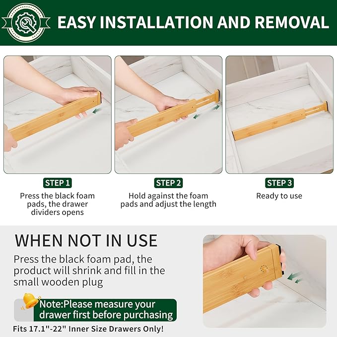 Dunruz 6 Pack Bamboo Drawer Dividers 2.6" High,17-22" Adjustable Spring Loaded Clothes Drawer Organizers for Kitchen, Dresser, Bathroom, Bedroom and Office
