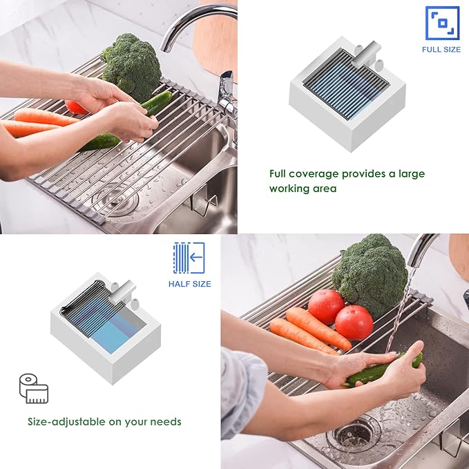 Tomorotec Roll Up Dish Drying Rack Over The Sink Grey Large Dish Drying Rack Rolling Foldable Collapsible SUS304 Stainless Steel Multipurpose Dish Drainer for Kitchen Counter (21”x15.7”)