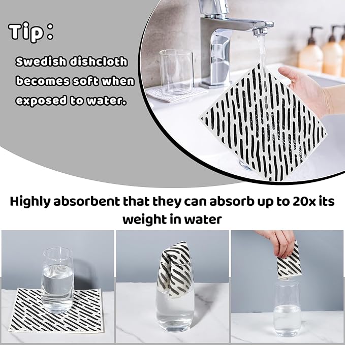 6 Pack Swedish Dishcloths for Kitchen,Swedish Rags Dish Towels with Clips, Reusable Paper Towels Washable Absorbent Cellulose Sponge Cloths No Odor for Cleaning Kitchen Valentines Gifts for Women