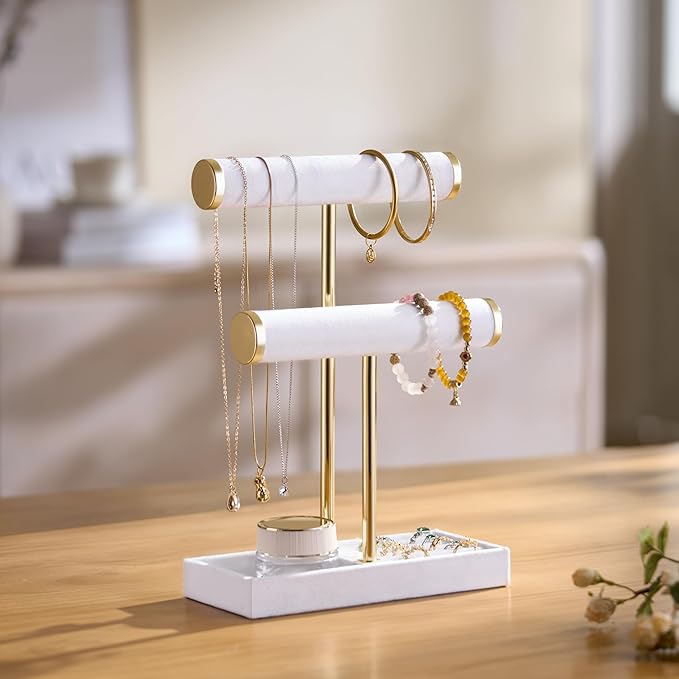 bussdis 2 Tier Bracelet Holder Display - Detachable T Bar White Velvet Bracelet Holder, Jewelry Holder Organizer for Bracelet, Necklace, Earrings, Rings