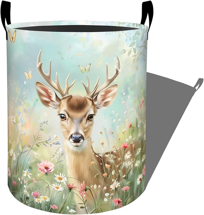 Cute Deer with Daisies and Butterflies Laundry Basket with Handles, 19.7"x15.7" Clothes Foldable Laundry Hamper Organizer for Dorm Nursery Bedroom Bathroom Decor, Toy Storage Bin for Kids