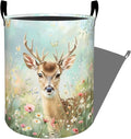 Cute Deer with Daisies and Butterflies Laundry Basket with Handles, 19.7"x15.7" Clothes Foldable Laundry Hamper Organizer for Dorm Nursery Bedroom Bathroom Decor, Toy Storage Bin for Kids