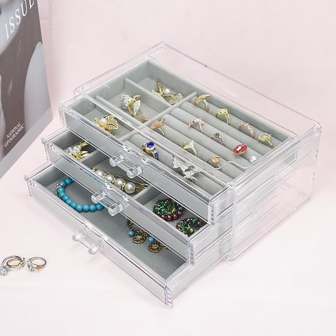 Weiai Acrylic Jewelry Box 3 Drawers, Velvet Jewellery Organizer, Earring Rings Necklaces Bracelets Display Case Gift for Women, Girls