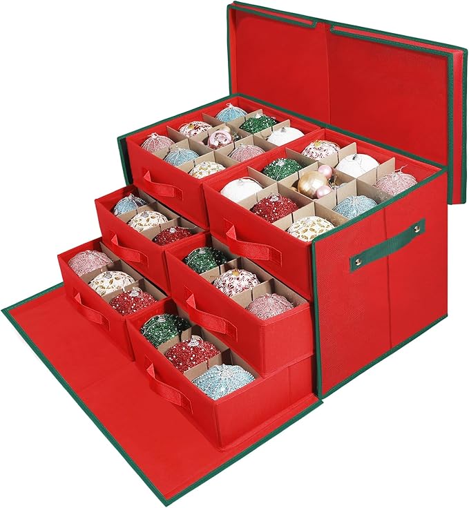 Large Christmas Ornament Storage Box with 6 Drawer Style Trays Fits 54 of 4" Ornament Balls - Side Opening, Christmas Container Perfect for Holiday Decorations, 600D Oxford Fabric Tear-Proof