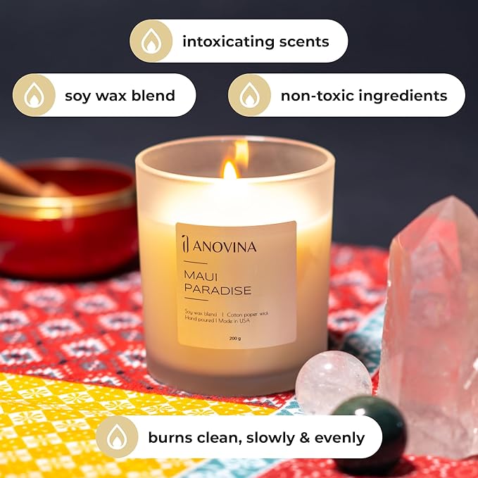 Anovina Maui Paradise Hawaii Candle for Home Scented – Hawaiian Gifts for Women – Natural Soy Wax Blend, 60 Hours Burn – Notes of Persimmon, Papaya, Pikake, and Jasmine