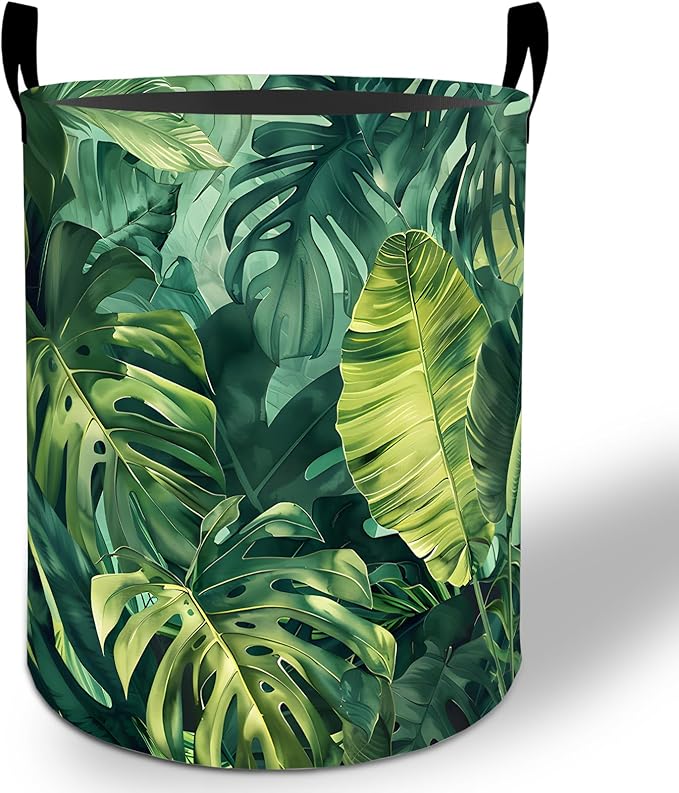 Tropical Leaves Laundry Basket Hamper 19.7"x15.8", Plant Foldable Waterproof Oxford Clothes Storage Bucket for Room Bathroom Bedroom Nursery Decor, Toy Organizer Bins Gifts for Kids Boys Girls