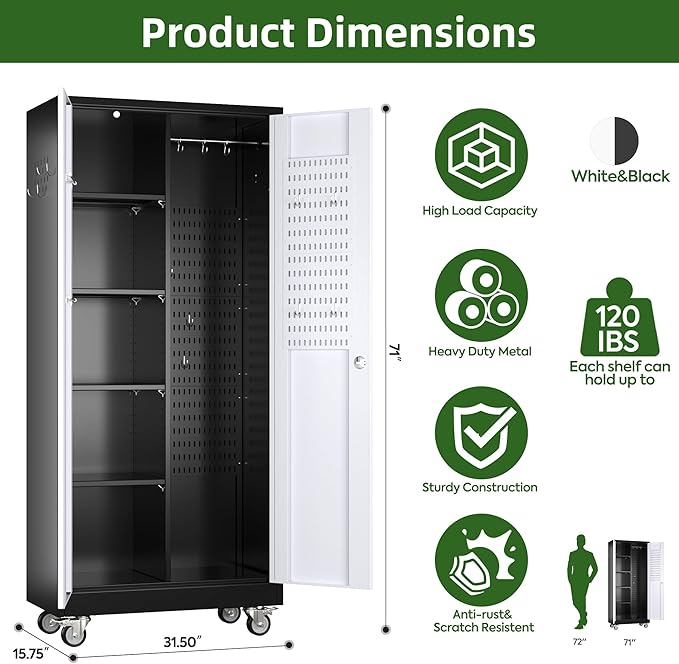 Broom Closet Storage Cabinet with Wheels and Pegboard,Metal Garage Storage Cabinet with Doors and Adjustable Shelves for Garage Home,Required Assembly,Black and White