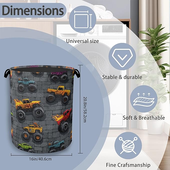 Funny Cars Laundry Basket,Foldable Oxford Cloth Tote Bag Laundry Hamper Clothes Storage Bucket Organizer for Bedroom Laundry Storage Dormitories 16" x 20.8"