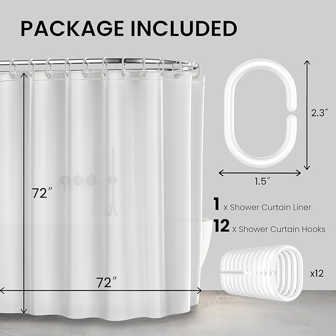 LiBa Bathroom Shower Curtain with 12 Shower Rings- Waterproof Plastic Shower Curtain Premium PEVA Non-Toxic with Rust Proof Grommets Frosted 10G Heavy Duty Bathroom Accessories 72x72