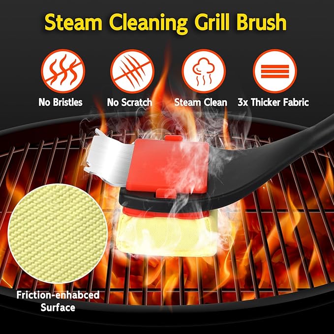 Bristle Free Grill Brush with Scraper, 4 Replaceable Cleaning Head BBQ Grill Cleaning Brush, Dishwasher-Safe Grill Cleaner Tool for Gas,Charcoal,Ceramic,Cast Iron & Stainless-Steel Grates