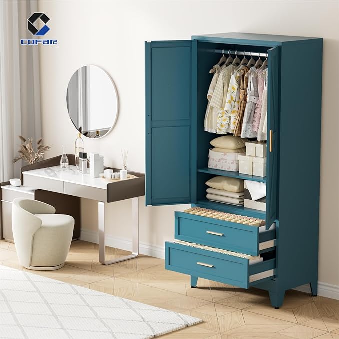 COFaR Metal Armoire Wardrobe Closet with Drawers, 71'' Tall Farmhouse Bedroom Armoires with Doors, Freestanding Steel Wardrobe Cabinet Coat Closet for Bedroom Home Office Garage, Peacock Blue