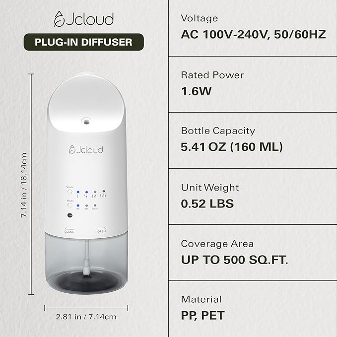 JCLOUD Plug in Diffuser for Essential Oils, Waterless Scent Diffuser Cover Up to 500 Sq. Ft. for Home, Office, Spa – Portable Smart Wall Diffuser 160ML, White