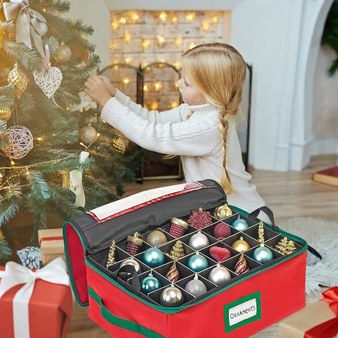 HOLDN’ STORAGE Christmas Ornament Storage Box with Dividers - Fits 96-3” Ornaments, 4 Removable Trays, Durable & Space-Saving, Clear Top Lid, Convenient Storage Designed, Red