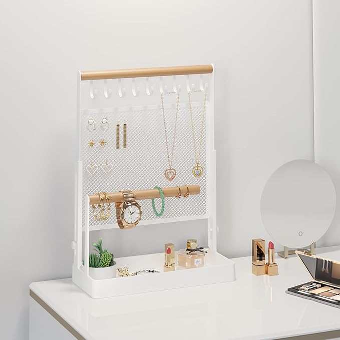 IOAIANIA Jewelry Organizer Stand, Liftable Necklace Holder with Earring Organizer Net, 9 Hooks Necklaces Storage Wooden Handing Bar for Bracelets Watches Rings (White)