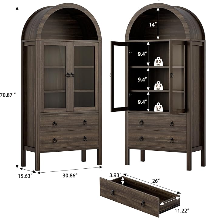 Arched Cabinet, 71" Tall Wooden Storage Cabinet, Arched Bookshelf with Glass Doors and Drawer for Living Room, Kitchen, Dining Room (Taupe Brown)