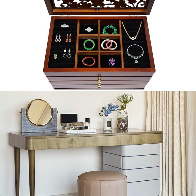 Wood Jewelry Box 6-Tier Large Jewelry Organizer Cabinet with 5 Drawers Women Girls Storage Display Case for Necklace Rings Earrings Accessories, with Mirror and Lock (Without Mirror-brown)