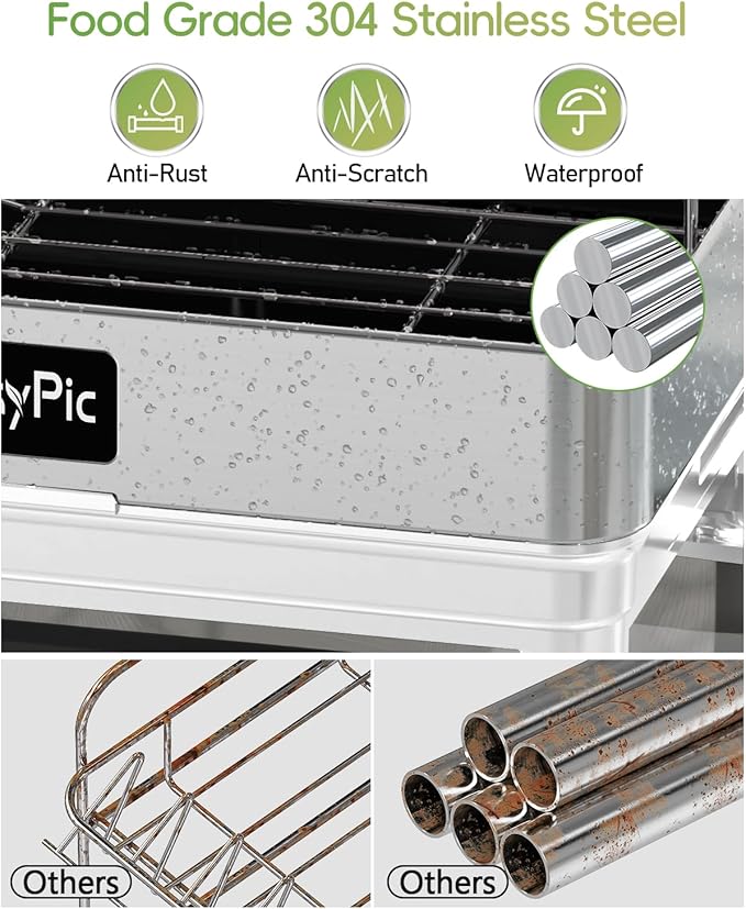 CosyPic 2 Tier Dish Drying Rack, Thicker Premium 304 Stainless Steel Dish Racks for Kitchen Counter, Automatic Drainage Spout, Dish Drainer & Drainboard Set with Utensil Holder and Cup Holder, White